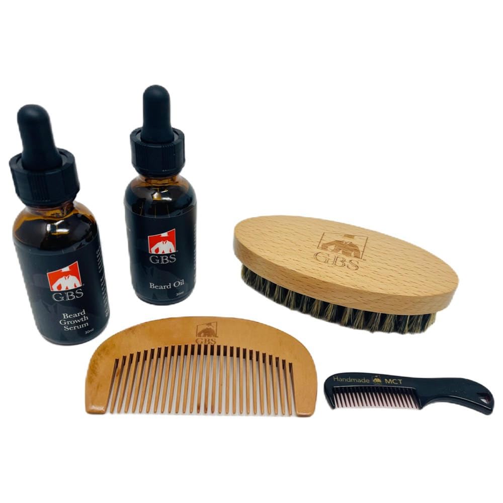 G.B.S All Natural Beard Grooming Set - כולל Wooden Beard Comb, Travel Beard Brush ו- Mustache Comb - Perfect for Any Hair Texture