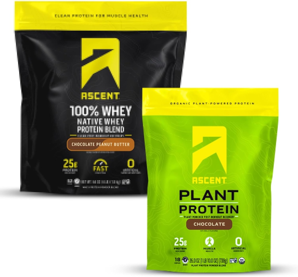 Ascent Whey + צמחי אבקת חלבון - שוקולד Peanut Butter 4 lb & שוקולד 18 לשרת