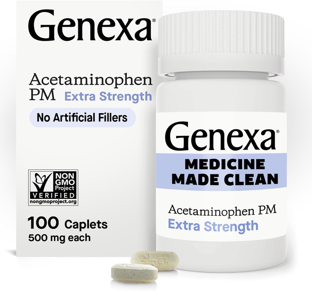 Genexa ניקוי Acetaminophen ראש 500 מ"ג כוח נוסף, Dye Free Pain Reliever, Nighttime Sleep Aid, Fever הפחתה, 0% תוספת מלאכותית, Relieves Headache, Backache, Minor Arthritis כאב, 100 טבליות