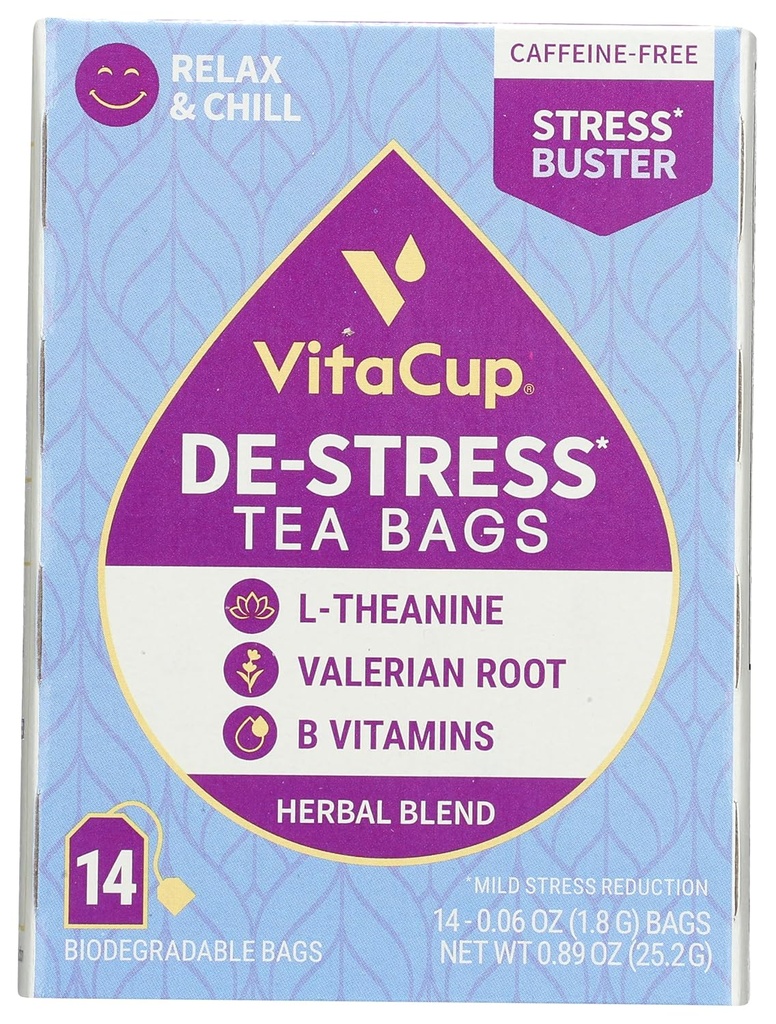 DeStress Herbal Tea Bags על ידי VitaCup, להירגע & Chill w / Chamomile, L-theanine, ולריאן Root & Bs, Caffeine חינם רווק לשרת תה Sachet Bag, 14 ct