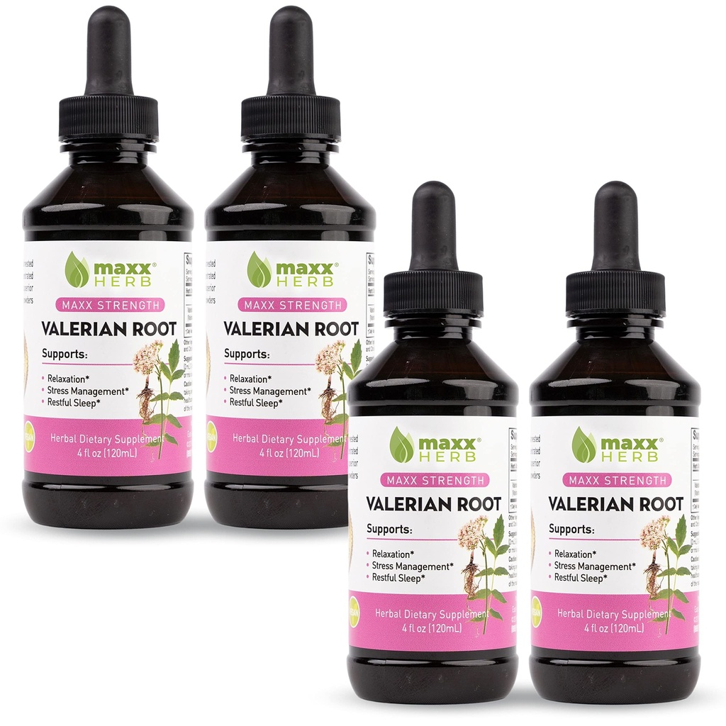 Maxx Herb Vallan Root Extract - מקס כוח, נוזל ואלריאן שורש Absorbs טוב יותר מאשר קפסולות, להרגעה ולשינה מנוחה, אלכוהול חינם - 4 בקבוקים, 4 Oz כל אחד (240 משרתים)