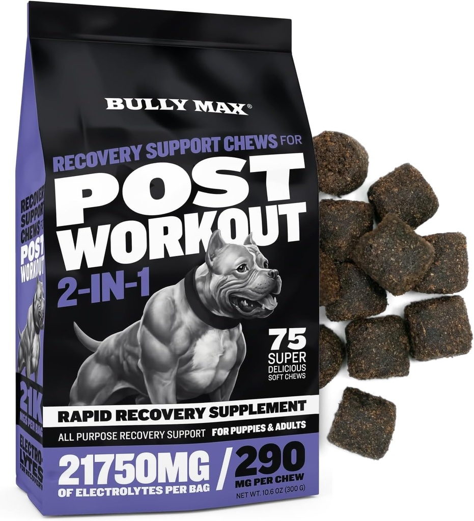 Bully Max 2-in-1 Post-Workout Recovery Support Chews - ויטמינים לכלבים ומזון תוספי מזון עבור Small & Large Breeds - Puppy and Adult doghydrtion & Electrolyte Replenishment - 75 Soft and Tasty Chews