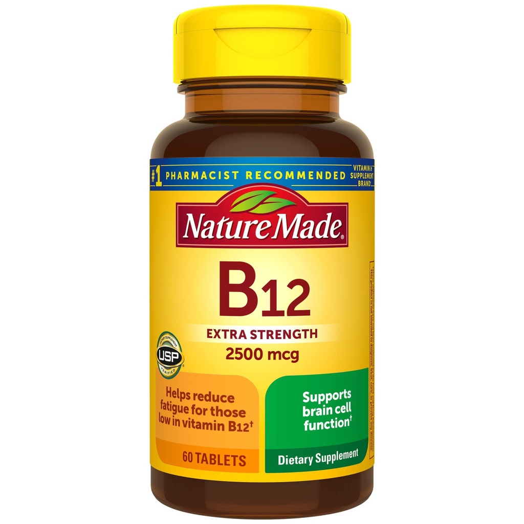 הטבע יצר תוספת של ויטמין B12 2500 mcg, תוספת תזונתית לתמיכה במטבוליזם אנרגיה, 60 טבליות, 60 יום אספקה