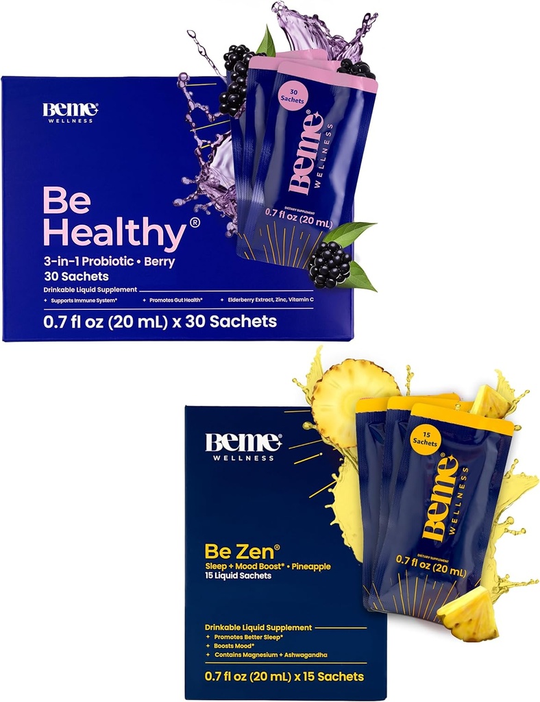 BeMe BeHealthy & BeZen Bundle - נוזל Probiotics & Magnesium Glycinate L-theanine תוספים