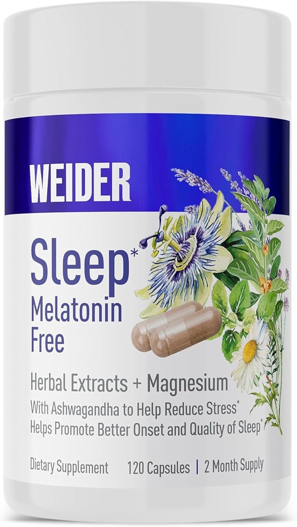 Weider Melatonin חינם Sleep Aid תוספת עם KSM-66 Ashwagandha, Magnesium, Lavender, Lemon Balm, Chamomile, Valan ו Passionflower Extracts, הורמונלי & סמים חינם, לא-Habit טפסים, 120ctt-Habit טופסינג, 120ctbit טופסינג.