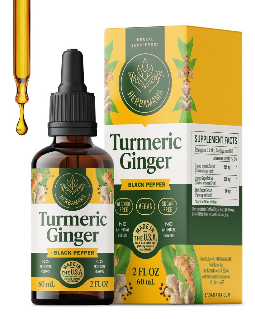 HerBAMAMA Turmeric Curcumin וג'ינג'ר - טבעת אלומיניום טבעונית עם שורש ג'ינג'ר נוזלי, Turmeric & Black Pepper - Non-GMO, אלכוהול & Sugar-Free Immunity Drops