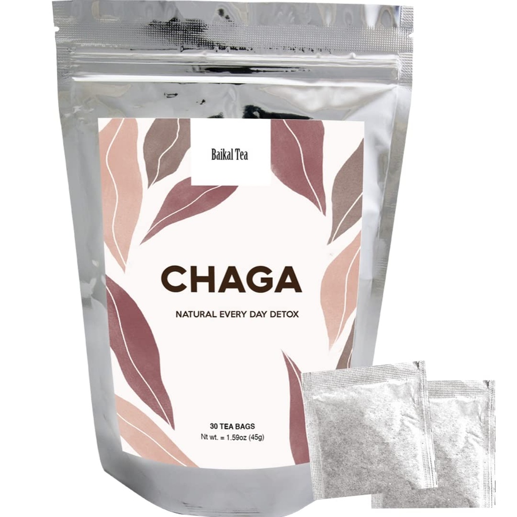 צ'אגה תה - 100% Wildcinn Birch Chaga Mushroom - אורגני - 30 חבות תה ללא פגע - Pure No Additives - Natural Detox and Digestive Support - Hand-Picked by Baikal Tea