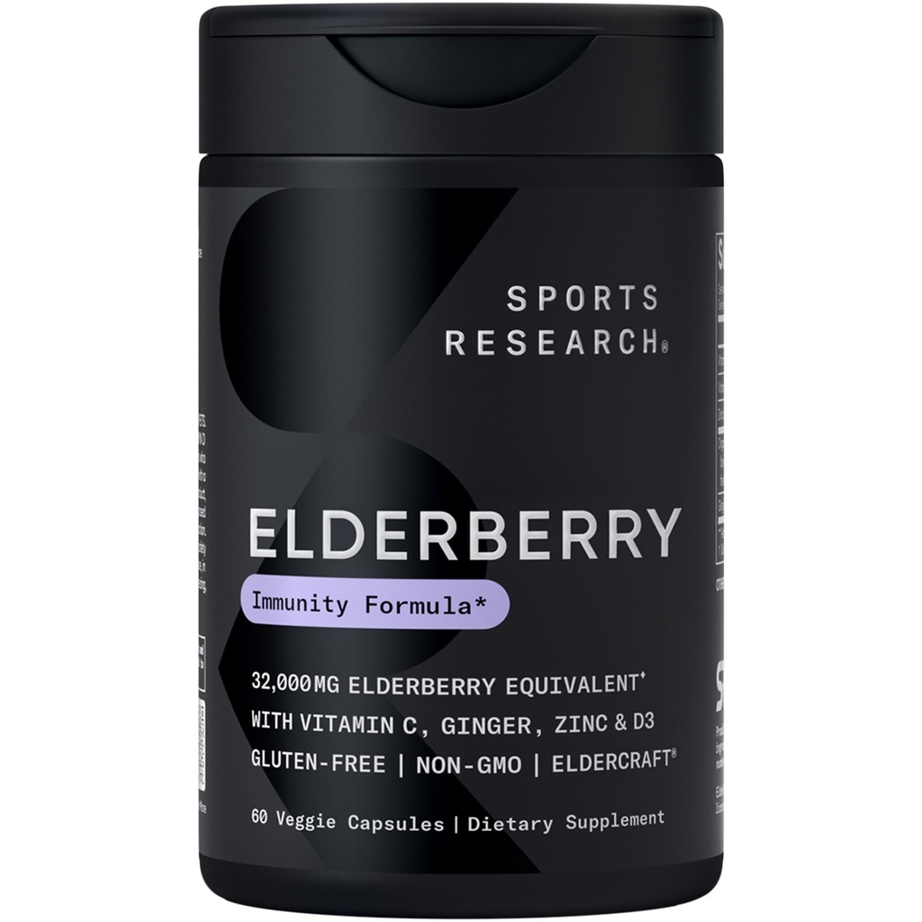 מחקר ספורט Black Elderberry עם Zinc, ויטמין C, ויטמין D, Immune תמיכה תוסף למבוגרים, 60 קפסולות