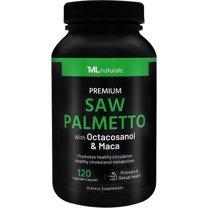ML Naturals Saw Palmetto 1000 מ"ג 120 קפסולות טבעוניות.3 ב- 1. Premium Quality with Octacosanol & Maca. Prostate, Urinary Health, Circulatory Health, Natural Energyzer, NSF-Certified & cGMP-Compliant