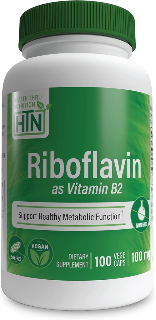 בריאות Thru Nutrition Riboflavin 100 מ"ג ויטמין B2 100 Vegecaps | תמיכה באנרגיה טובה פונקציונלית מטאבולית ומערכת העצבים | 3rd Party Tested | Non-GMO Soy & Gluten Free Hypoallergenic
