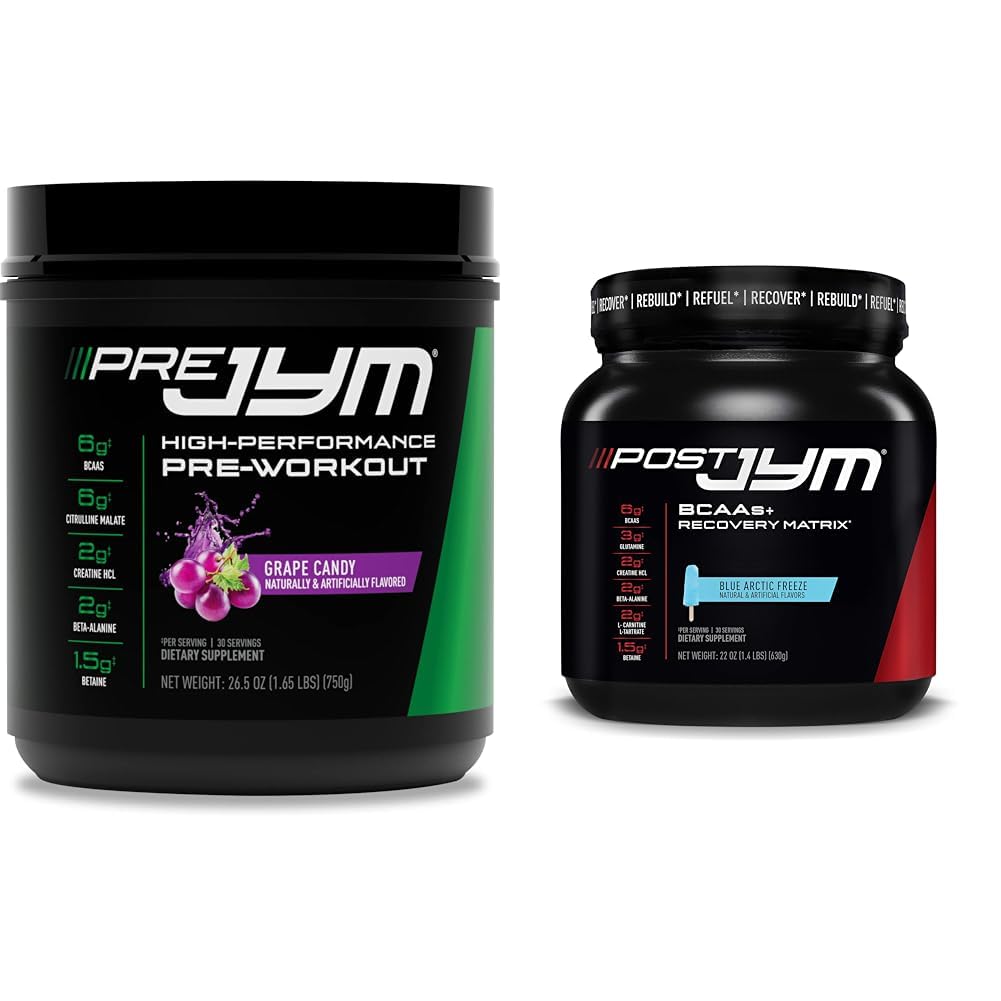 Pre JYM Grape Candy Pre Workout, Post JYM Active Matrix Post-Workout with BCAAs, Creatine HCI, Beta-Alanine | 30 משרתי כל אחד