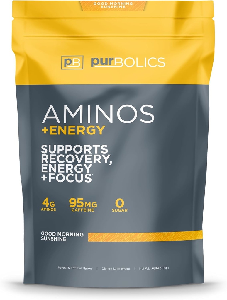 Purbolics Aminos + אנרגיה | תמיכה התאוששות, אנרגיה ו פוקוס | 95 מ"ג של קפאין, 0 סוכר ו 60 משרתים (Good Morning Sunshine)