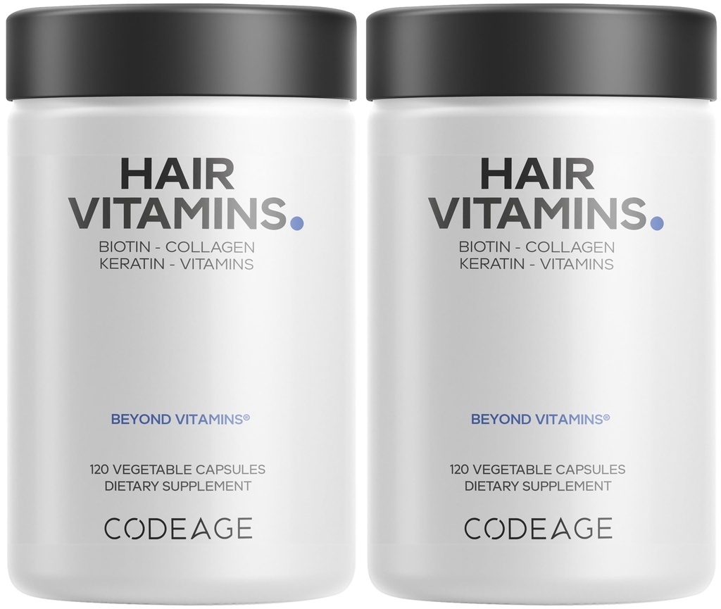 ויטמין שיער Codeage ויטמינים 10000 mcg Biotin, Keratin, Collagen, ויטמין A, B12, C, D3, E, Zinc, Turmeric, Probiotics, Enzymes, Inositol - שיער תמיכה - גלולות בריאות שיער - 2 Pack