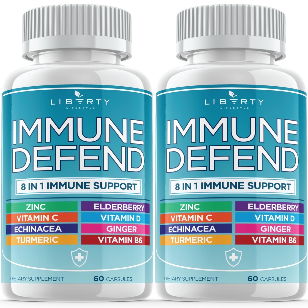 8 ב 1 Immune Defense Support, Immunity ויטמינים תוסף Booster עם Zinc 50mg, ויטמין C Elderberry ויט D3 5000 IU, Turmeric Curcumin & ג'ינג'ר, Echinacea - Allergy הקלה לילדים מבוגרים (2 Pack)