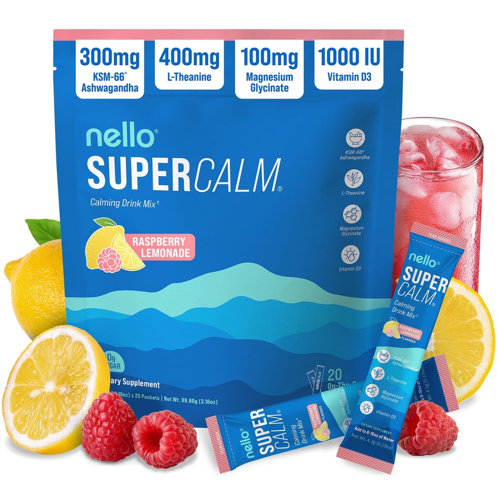 Nello Supercalm אבקת שתייה Mix, Raspberryade, L Theanine, Ksm-66 Ashwgandha, Magnesium Glycinate, ויטמין D 3, תוספי מזון לרגיעה ו Focus, No Sugar, non GMO, On The Go, 20 Ct Cttt