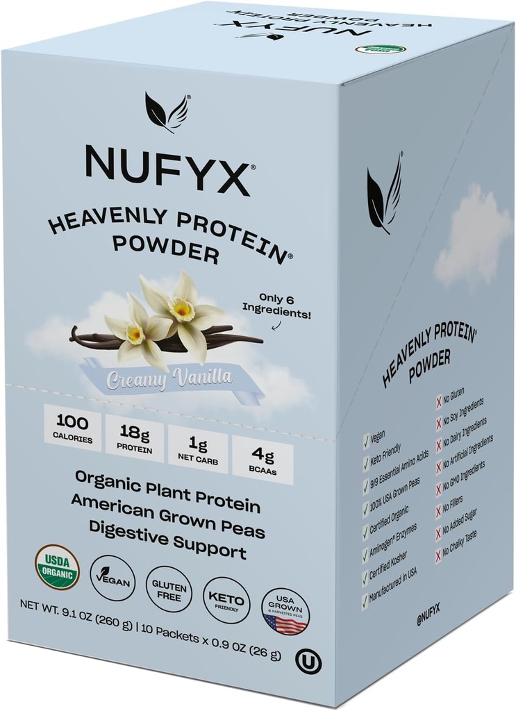 NUFYX® • Heavenly Protein® Powder • World’s Finest 100% Organic American Grown Peas • Vegan • Gluten Free • Low Carb (Creamy Vanilla, Box of 10 Packets)