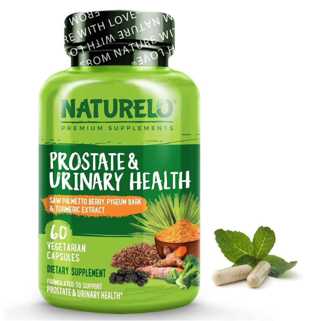 NATURELO Prostate & Urinary Health, פורמולה מקיפה עם Saw Palmetto, Pygeum, Tumeric, Plant Sterols, ברוקולי וליקופן, 60 קפסולות צמחוניות