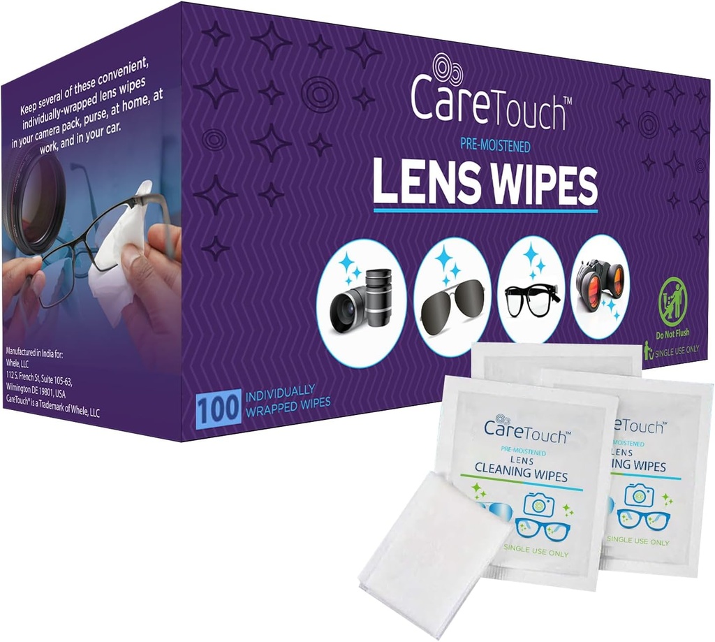 Care Touch Lens Wipes for Eyeglass- 100 Countly Wrapped Pre-Moistated Wipes, 5 x 6 Inch- Camera Lens, משקפי שמש ומשקפיים נקיים יותר, Gentle ו- Portable לניקוי מכשירים אופטיים