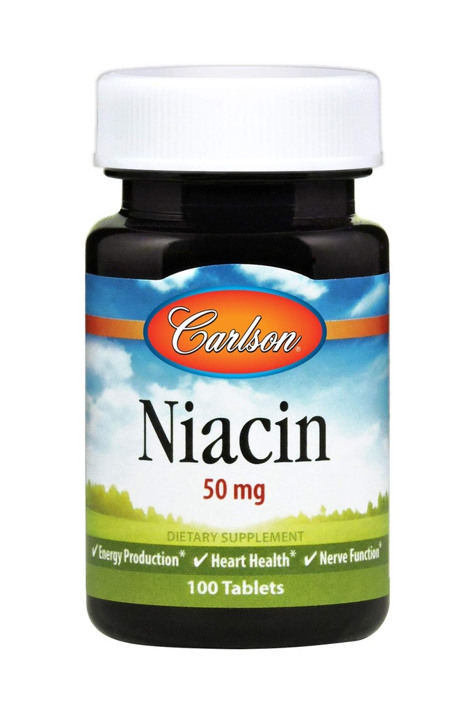 קרלסון - Niacin, 50 מ"ג, תומך Cholesterol Metabolism, ייצור אנרגיה, בריאות הלב, תפקוד עצבי, 100 טבליות