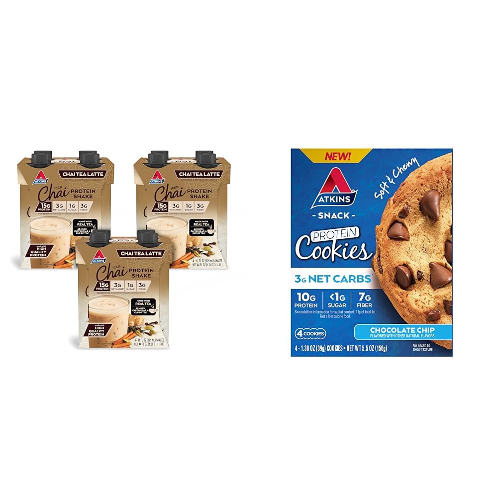 Atkins Chai Tea Latte חלבון שקד עם חלבון 15g, 3g Net Carbs, 1g סוכר ו Atkins שוקולד צ 'יפ שוקולד צ 'יפס עם 10g חלבון, 3g Net Carbs, 1g סוכר, Keto Friendly, 4 Count