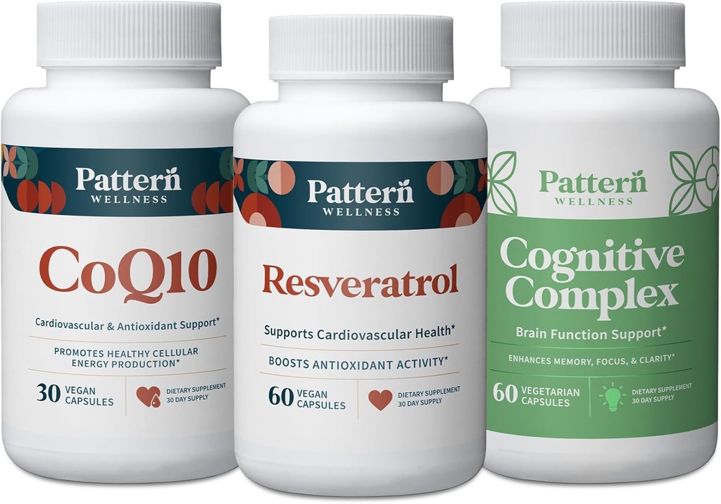 דפוס בריאות Aging Bundle - CoQ10, Resveratrol, תרכובת קוגניטיבית - מקדם בריאות ובטיחות ללא זמן - 3 Pack, All-Natural, Vegan-Friendly Formulas