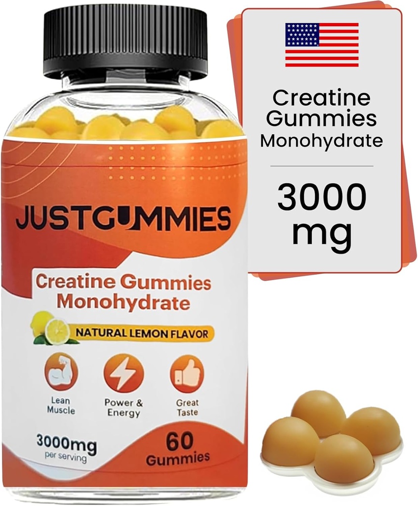 Creatine Monohydrate Gummies 3000 מ"ג Per לשרת | Creatine Infused Gummies כדי להגביר את הכוח ולבנות שריר, טבעוני, לימון פלמור, 60 הרוזן