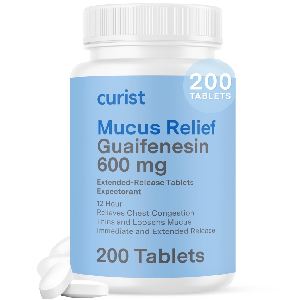 Curist Guaifenesin 600 מ"ג לוחות שחרור מורחב (200 Dye-Free Tablets) - מצפה Mucus Relief, Generic Guaifenesin 600 מ"ג, (Bulk Pack)