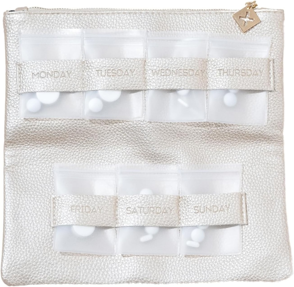 Dosey Gold Era 7-Day Pill Purse - Vegan Skin Daily PillPSKer - Luxury Travel Pouch, Airtight Pill Pockets for Medicine Storage & Protection - Stylish Pill Miner & Medicineארגן - גולד