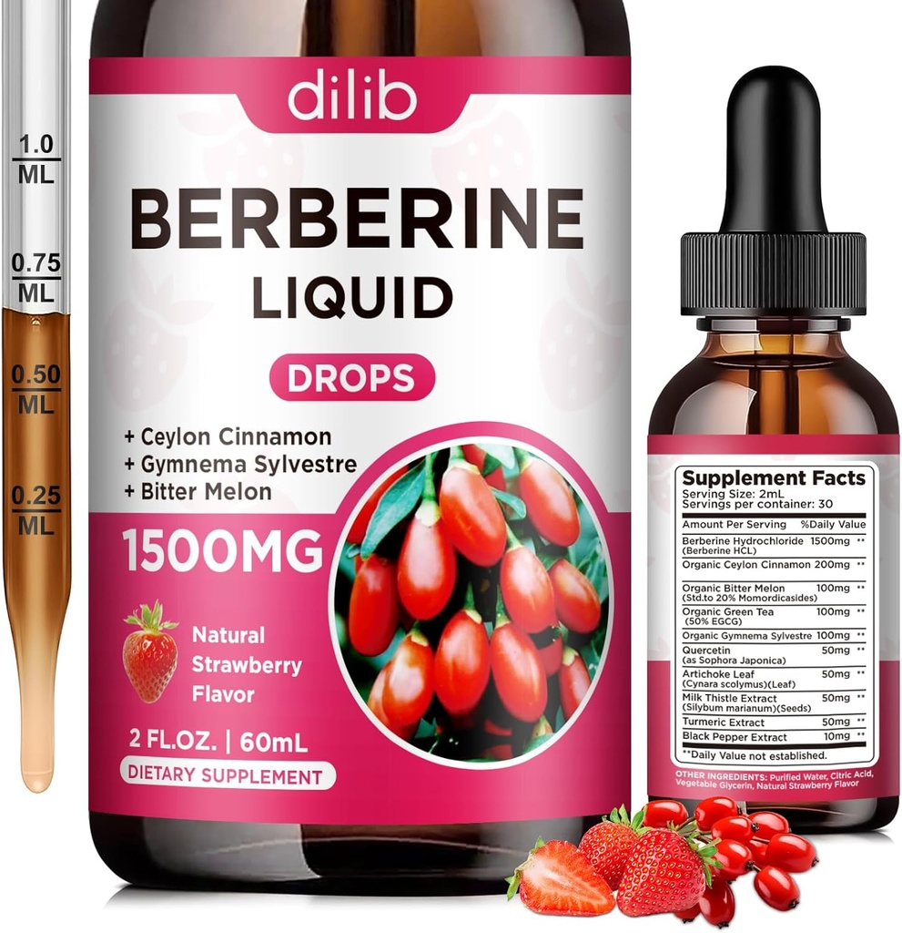 Berberine תוספת נוזל טיפות - Berberine HCL 1500 מ"ג עם Ceylon Cinnamon, Bitter Melon, התעמלותnema סילבסטר עבור Immune, מערכת העיכול ובריאות הלב, Natural Strawberry פלמור, 2 Fl Oz Oz, 2 Fl Oz Oz Oz, 2 .