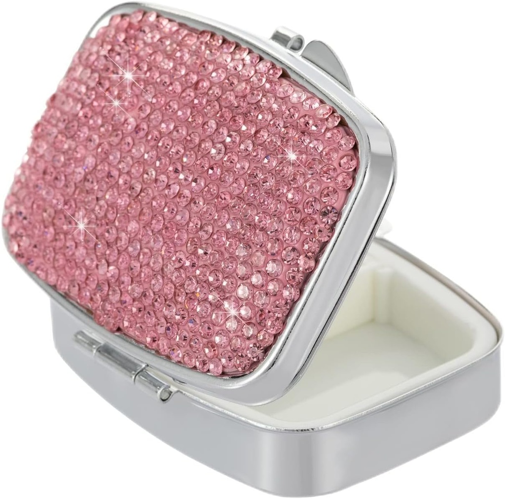 Pill Organer Travel,Square Small Metal Pill Box Case,Compact Medicine Container,Portable Pill Holder Bottle for Women (Pink)