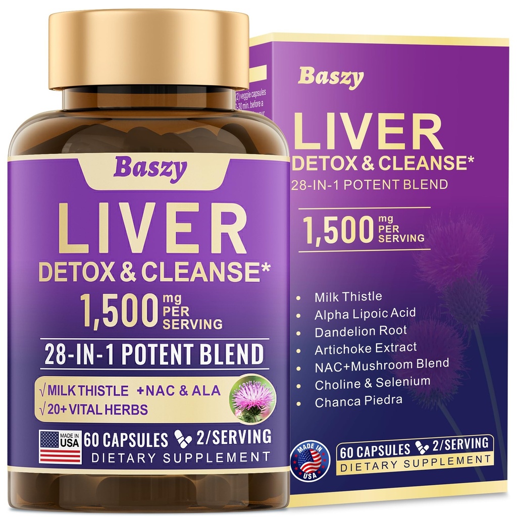 28-in-1 Liver Cleanse Detox & תיקון - 1500 מ"ג Liver Health Support with Milk Thistle, Dandelion Root, Artichoke Extract and 20+ Herbal Liver Supports - Made in USA - 60 קפסולות