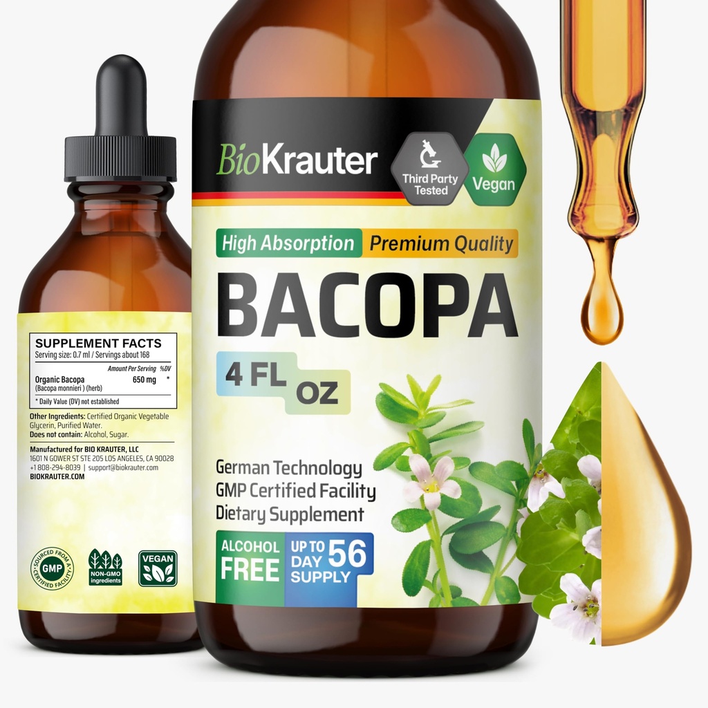 BIO KRAUTER Bacopa Monnieri נוזל - תמיכה המוח ברהאמי - אלכוהול & סוכר חינם Bacopa Herb טיפות 4 Fl.Oz.