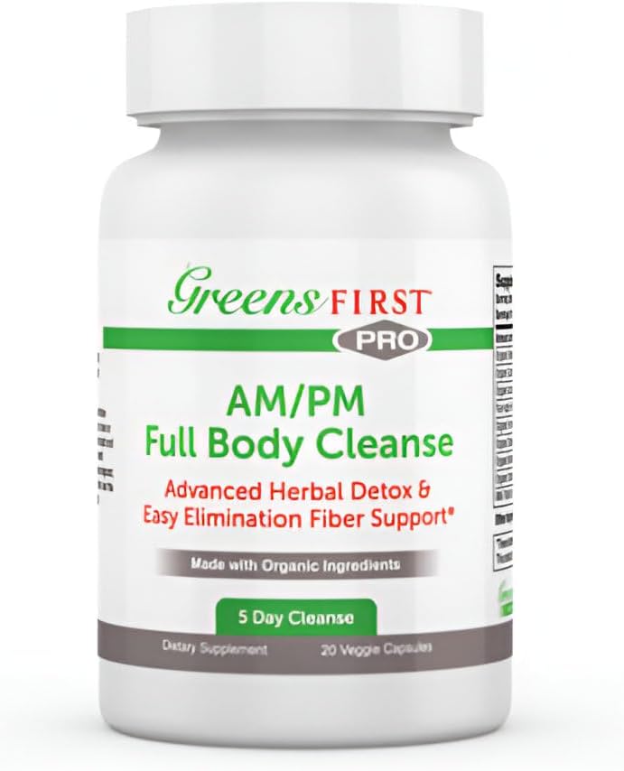 Greens First Full Body AM /PM ניקוי תוספת - עבור Detox טבעי של טוקסין - מלא Intestinal & Constipation הקלה - קפסולת בריאות העיכול - 20 קפסולות Veggie