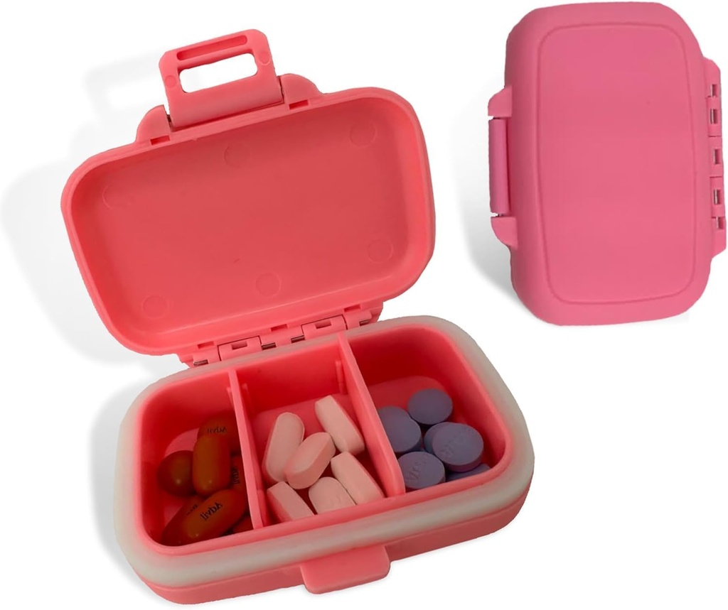 חברת Travel Pill Organer - Durable, Watertight Pill Case Travel Size עם 3 השוואתיות - קומפקטית גלולת נסיעות עבור ויטמינים, תוספים, תרופות - Travel Pill Container for Purse (Pink)