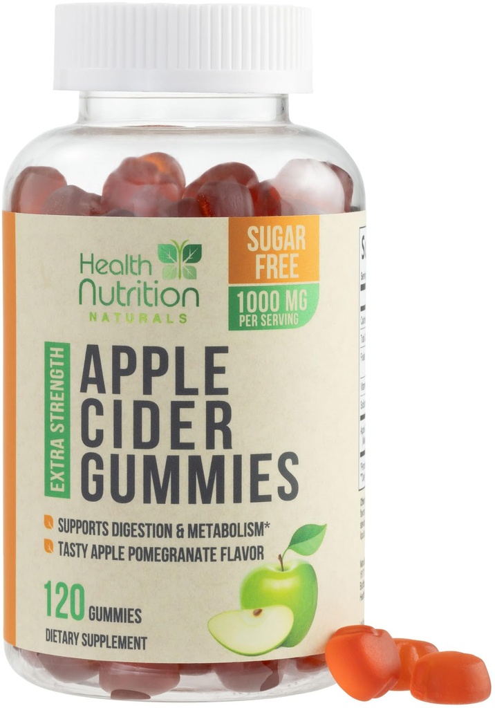 Apple Cider Vinegar Gummies 1000mg - Max Power Sugar Free ACVmy ויטמינים, תומך Metabolism & אנרגיה, Keto Friendly, ויטמין B12, Gelatin-Free, Gluten-Free, טבעוני & non-GMO - 120 מסטיקנים