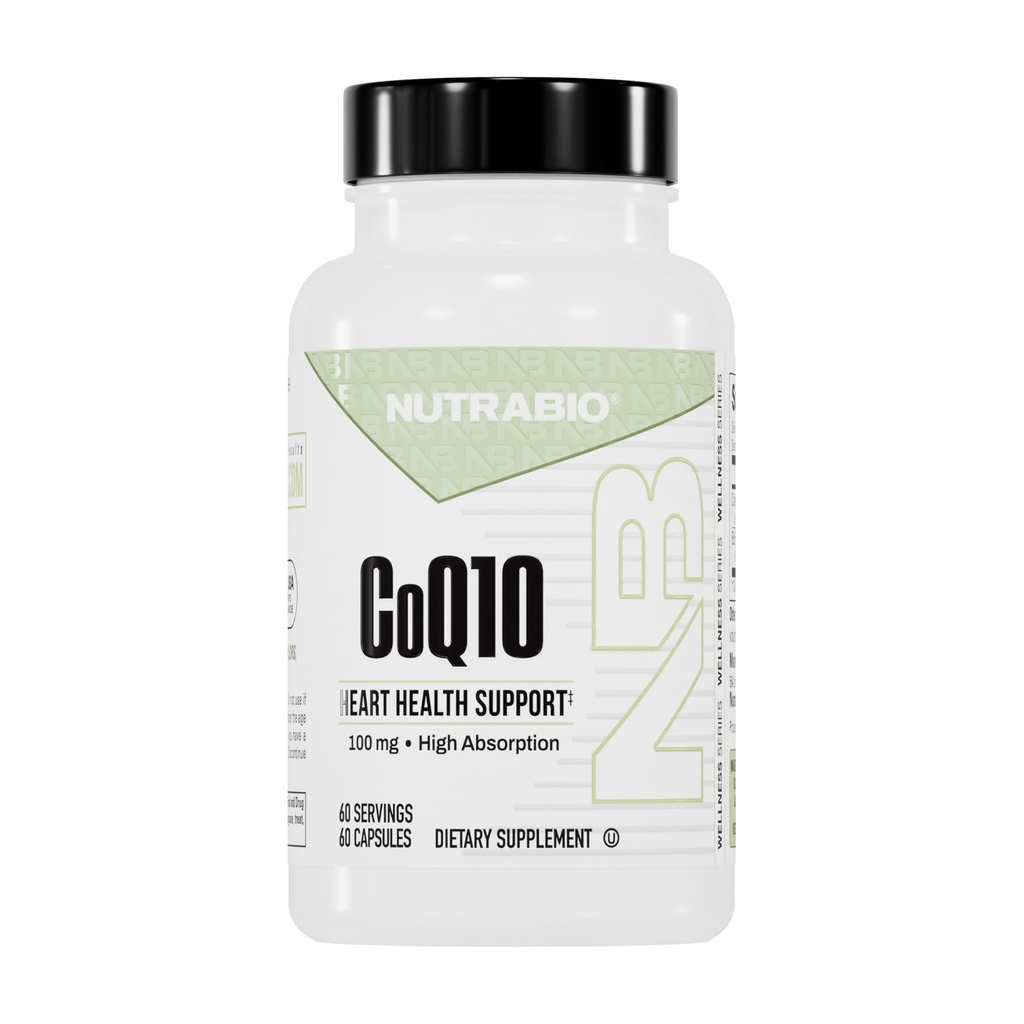 NutraBio CoQ10 תוספת תזונתית, תפקוד לב בריא ואנרגיה סלולרית ייצור, 100 מ"ג - 60 קפסולות