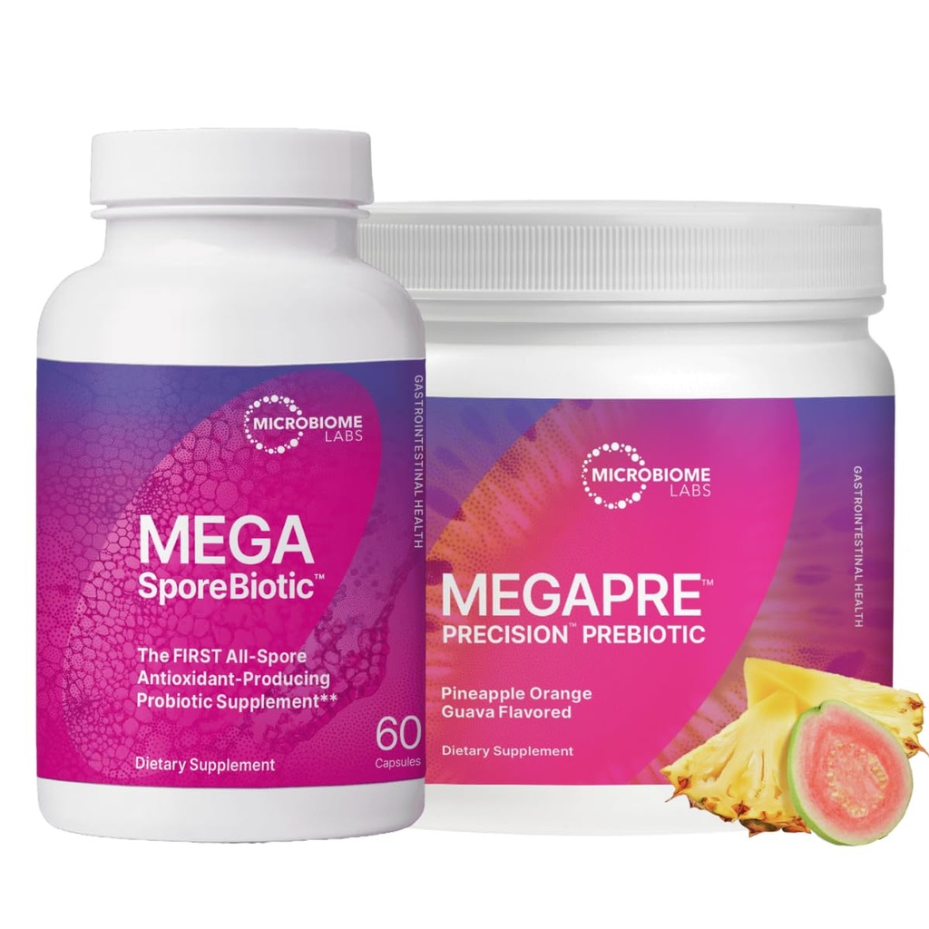 Microbiome Labs MegaSporeBiotic (60 קפסולות) + MegaPre (5.5 oz אבקת) Probiotic Prebiotic Bundle - Spore-מבוסס פרוביוטי עם אבקת סיבים פרביוטיים