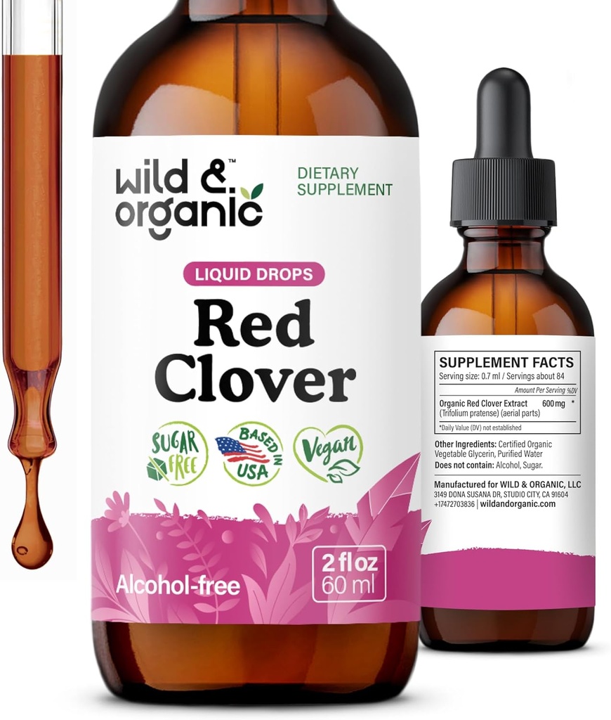 Wild & Organic Red Clover Extracts - תוספי Menopause עבור נשים - 600 מ"ג נוזל צהוב Clover Tincture - 1-Month Supply - Trifolium Pratense - סוכר ואלכוהול חינם - 2 oz