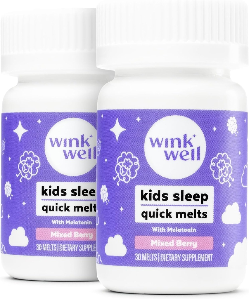 Wink Well Kids Chewable Melts- Kids Sleep Chews with Melatonin 1 מ"ג- Quick Deep Toddler Sleep Aid, Drug-Free-Fast, Non-Habit-Forming Dissolve Tablets- 30 מלטס (Pack of 2)
