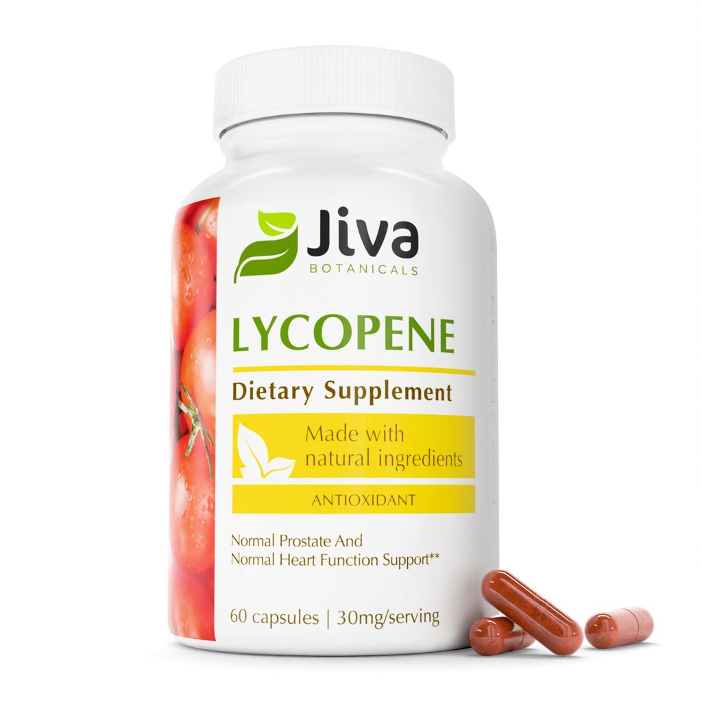 Jiva הבוטנים Lycopene תוסף 30 מ"ג - תמיכה אנטי-חמצן לתמיכה רגילה Prostate ו- Heart Health Support - Lycopene from Tomato Extract - Made in the USA - Non GMO, טבעוני - 60 קפסולות