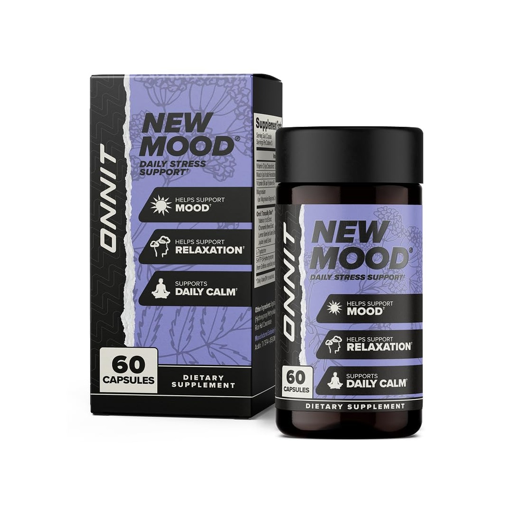 OnNIT New Mood Daily Stress תומך קפסולות, IGTM Non-GMO נבדק, Sleep and Mood Support Supplement for Men and Women, Daily Stress Management קפסולות, 60 Count