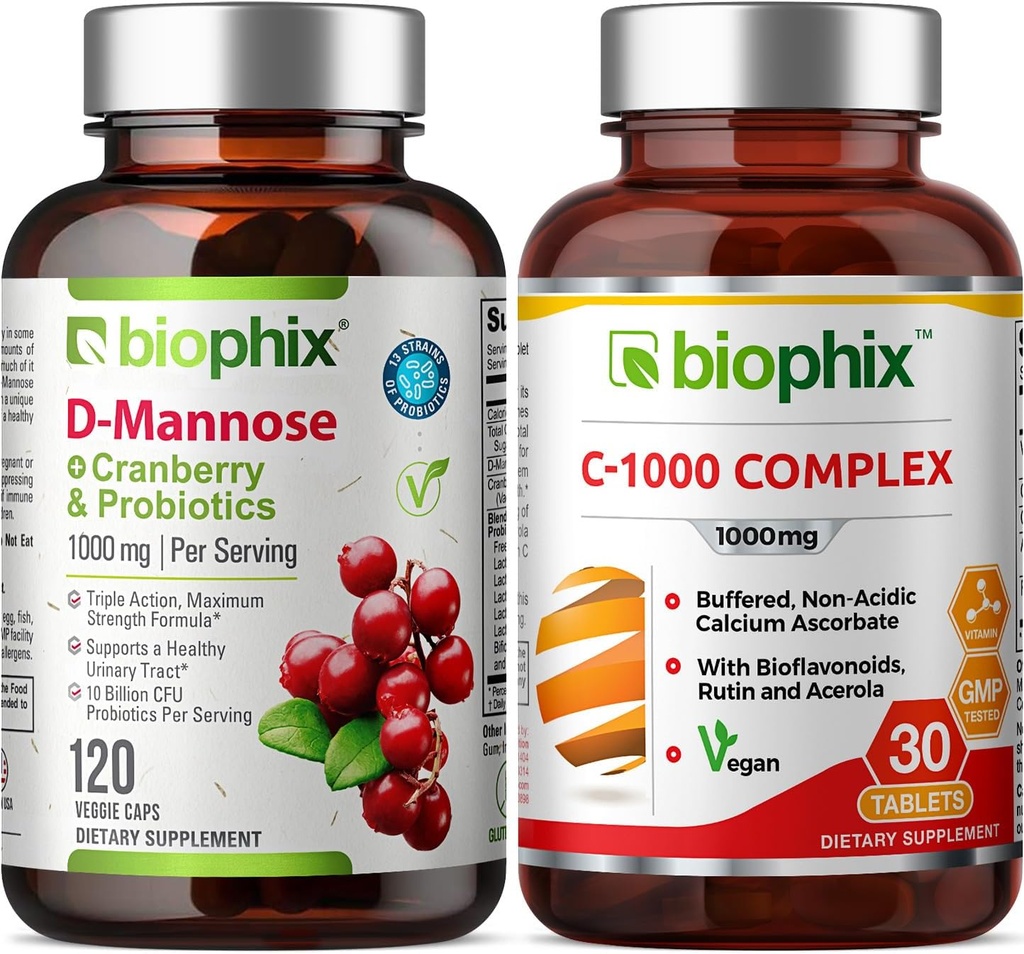 biophix D-Mannose Plus Cranberry Probiotics 1000 מ"ג 120 Vcaps - חינם ויטמין C-1000 30 טבליות - תמיכה Urinary Bladder Health ו- Digestive Well Beingful