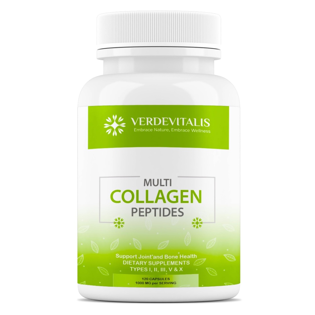 Multi Collagen Peptides קפסולות - non-GMO & Gluten Free Type I, II, III, V, X hydrolyzed Collagen תוספים עם ויטמין C - תומך שיער בריא, עור, ציפורניים ופרקים - 120 CPS