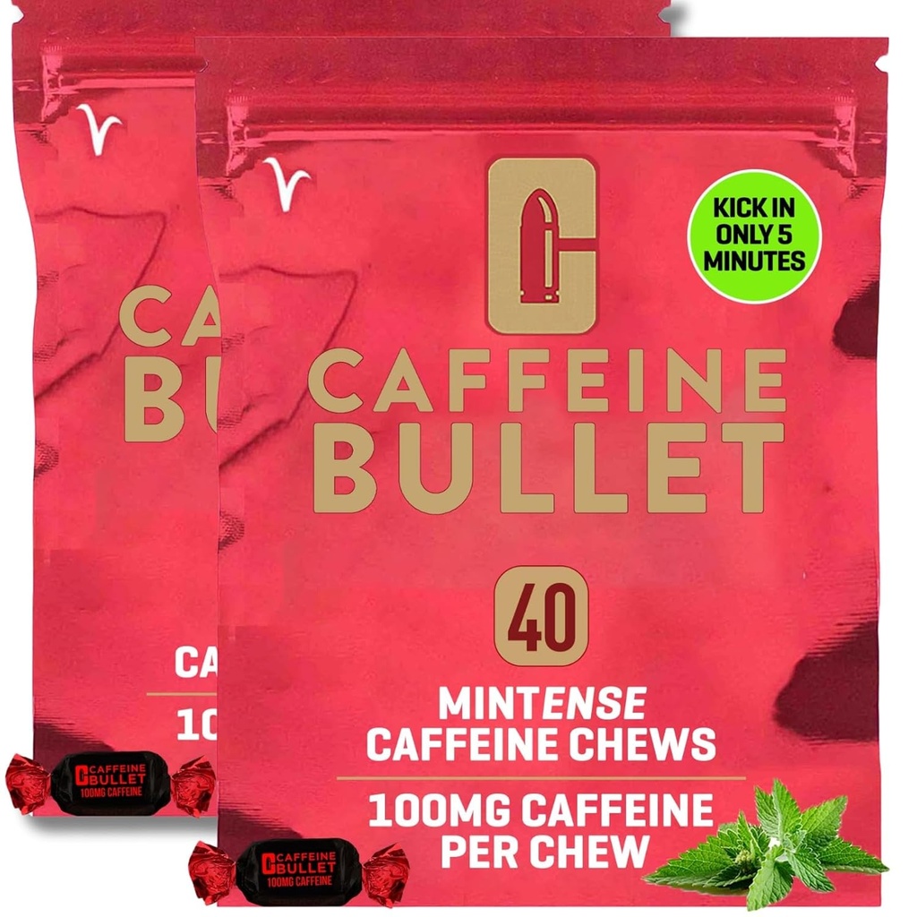 Caffeine Bullet Mint Energy Chews *80 - Faster Boost Than Gels, Tablet וחניכיים. 100 מ"ג עבור ריצה, Cycling, Gaming & Pre Workout Endurance Kick.