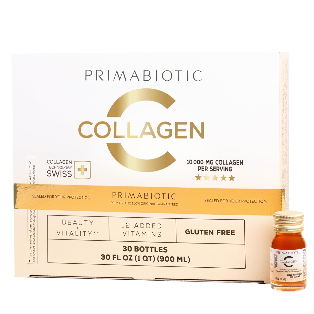 PRIMABIOTIC Liquid Collagen - High Collagen content [10,000 Mg] Per Serve - hydrolyzed Collagen ו 12 ויטמינים - Gluten Free-900 Ml - חבילת של 30 בקבוקים x 30 Ml (1)