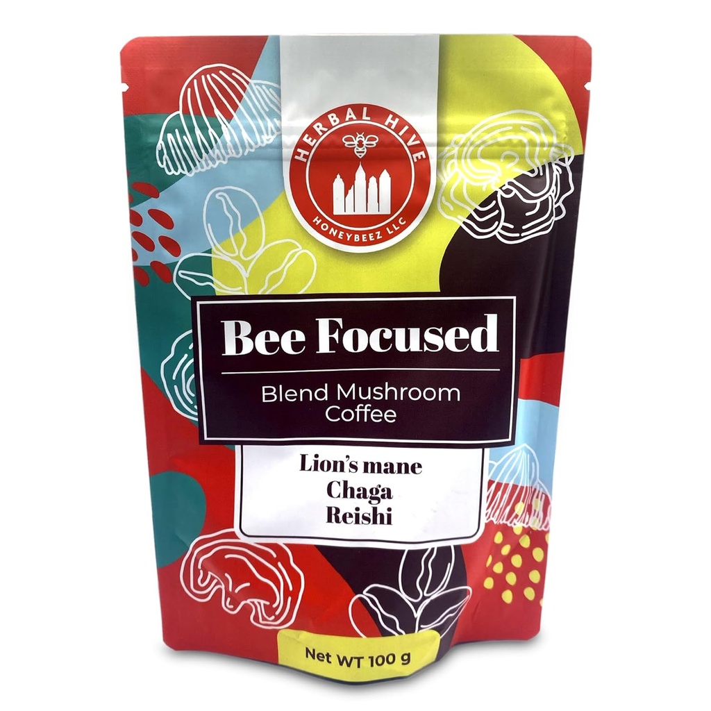Mushroom Coffee by Herbal Hive Bee Focused כולל אדוגנים Reishi, Lion's Mane, Chaga Superfood Low Acid מיידי 30 המשרתים (3.5 oz, Dark Roast)