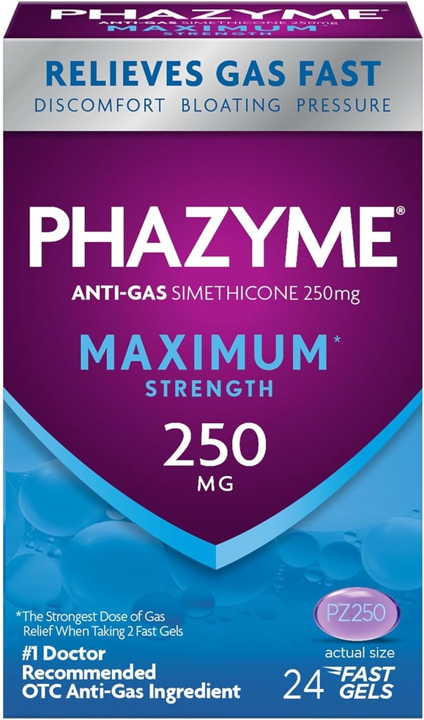 Phazyme מקסימלי * כוח אנטי-Gas 250 מ"ג סיוע גז Simethicone למבוגרים, Fast Gels במהירות Ease Bloating, Stress & Discomfort, 24 Count