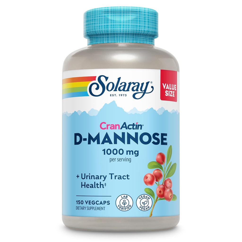 Solaray D-Mannose 1000 מ"ג עם CranActin Cranberry תוספת 400 מ"ג, Urinary Tract Health & Bladder תמיכה קפסולות עם ויטמין C, טבעוני, 60 יום ערבות, 75 משרתים, 150 VegCaps