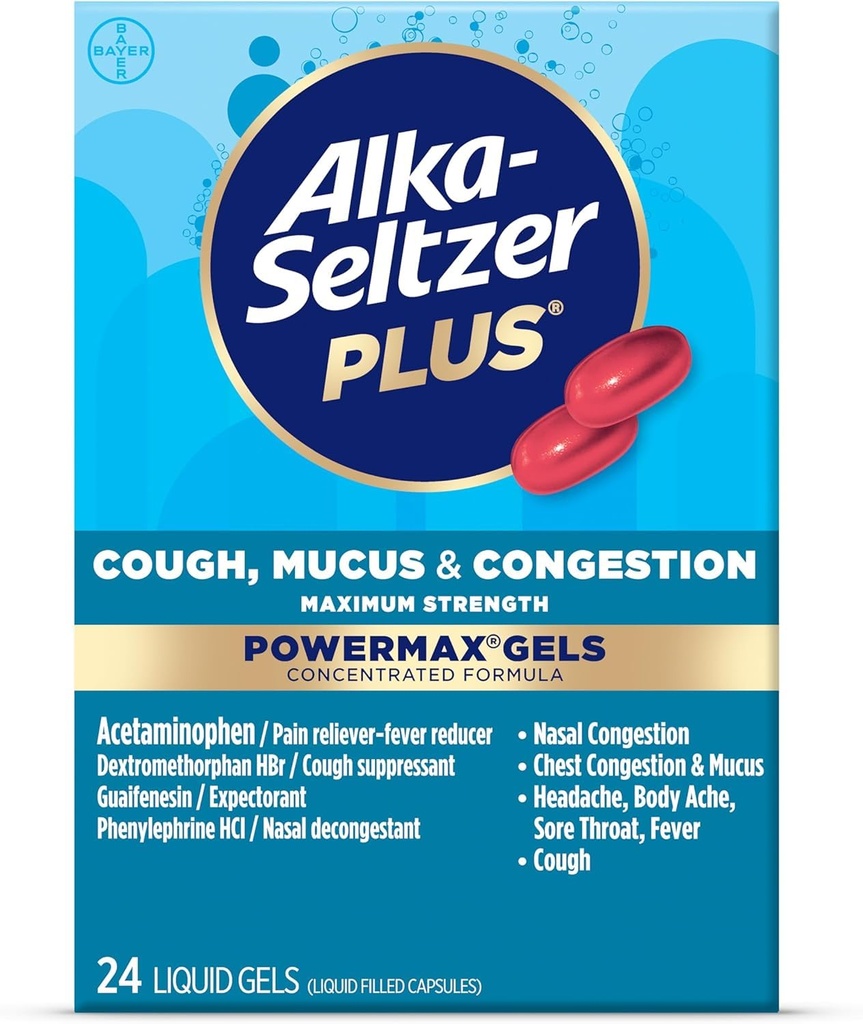 Alka-Seltzer פלוס כוח מקסימלי Cough, Mucus & Communityestion Powermax Gels, מהיר ויעיל צ'רסט הקהילה הקלה, Cough Suppressant, עבור מבוגרים וילדים 12 שנים ו -24 זקנים