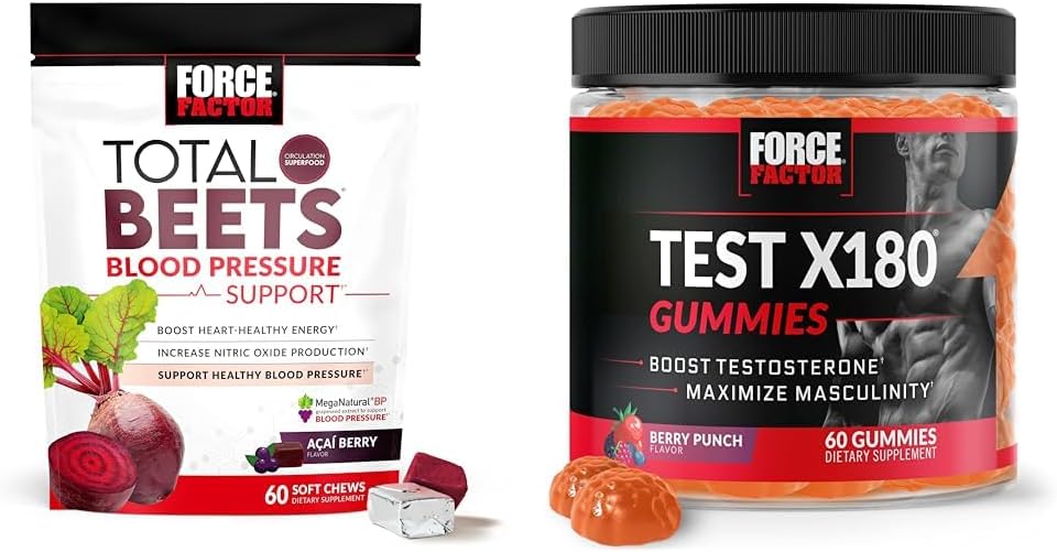 Power Factor Total Beets Blood Pressure Support 60 Chews + Test X180 Gummies טסטוסטרון Booster עבור גברים 60 חניכיים